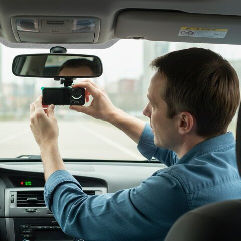 Driver attaching a dash camera near a rear-view mirror
